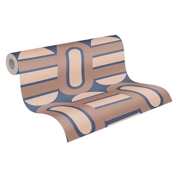 Retro tapet Profhome 395363-GU varmt stemplet ikke-vævet tapet lidt tekstureret geometriske mat blå  brun beige lysebrun 4,5 m2