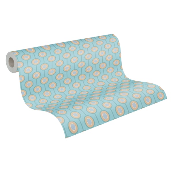 Retro tapet Profhome 395374-GU varmt stemplet ikke-vævet tapet lidt tekstureret geometriske mat turkis pastel turkis mynte grøn beige 4,5 m2