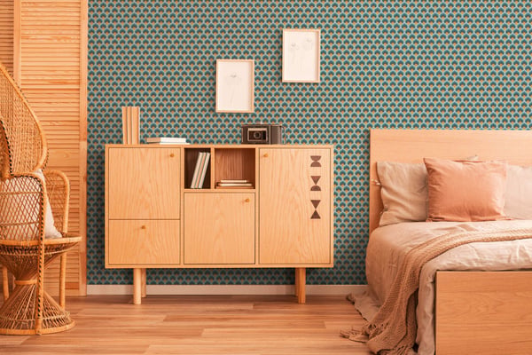 Retro tapet Profhome 395383-GU varmt stemplet ikke-vævet tapet lidt tekstureret grafisk mat turkis lyseblå orange brun okker gul 4,5 m2