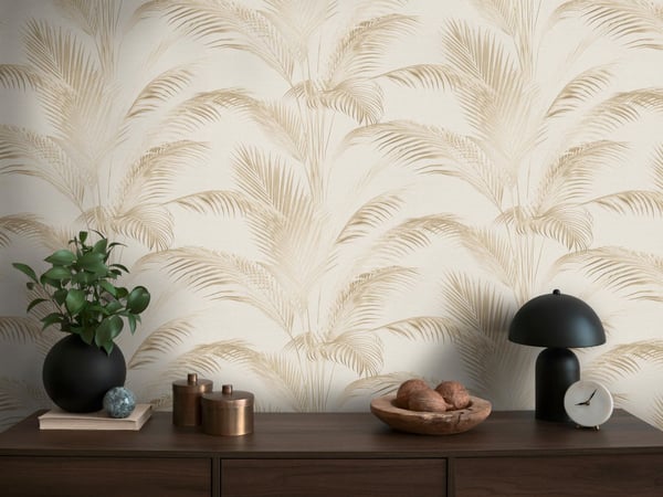 Natur tapeter Profhome 399801-GU heta präglade non-woven tapet lätt texturerad palmer matt grädde ostron vit beige oliv grå 5,33 m2