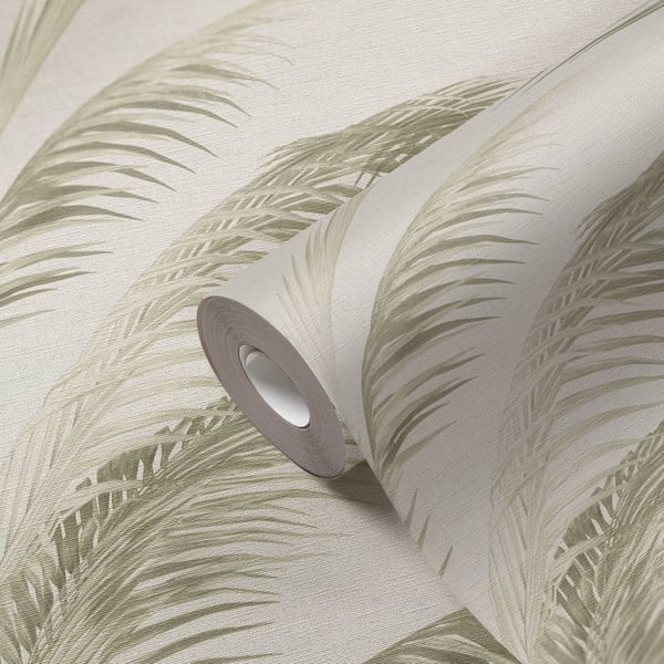 Natur tapeter Profhome 399802-GU heta präglade non-woven tapet lätt texturerad palmer grädde ostron vit gräs grön ljus grön 5,33 m2