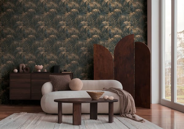 Natur tapet Profhome 399812-GU varmt stemplet ikke-vævet tapet lidt tekstureret palme mat antracit grå beige sort brun 5,33 m2