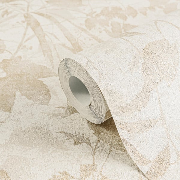 Natur tapet Profhome 782032-GU varmt stemplet ikke-vævet tapet tekstureret blomster flimrende fløde beige creme grå silke 5,33 m2