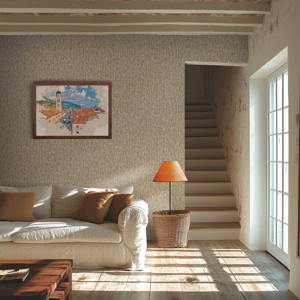 Raidallinen tapetti Profhome 786663-GU kuuma kohokuvioitu kuitutapetti rakenteellinen metalliset kohokohdat flimrende harmaa harmaa beige platina 5,33
