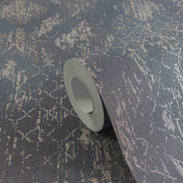 Barok tapet Profhome 786724-GU varmt stemplet ikke-vævet tapet tekstureret ornament og metalliske højdepunkter blå  sølv blågrå 5,33 m2