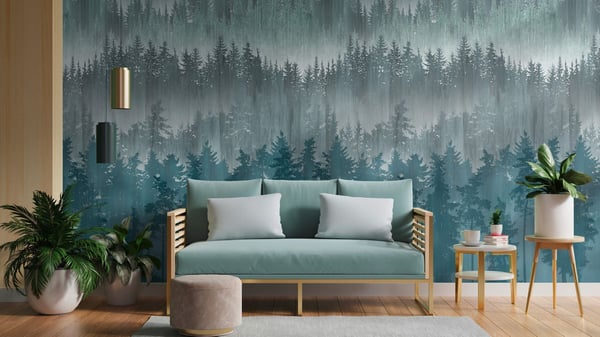 Valokuvatapetti Profhome 391813-GU kuuma kohokuvioitu kuitutapetti sileä metsä mat sininen pastelli turkoosi sinivihreä harmaa sininen 1,59 m x 2,8 m