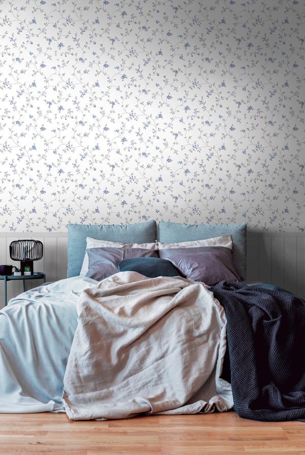 Foto tapet Profhome 398052-GU varmt stemplet ikke-vævet tapet lidt tekstureret blomstret mat fløde creme blå grøn 1,59 m x 2,8 m