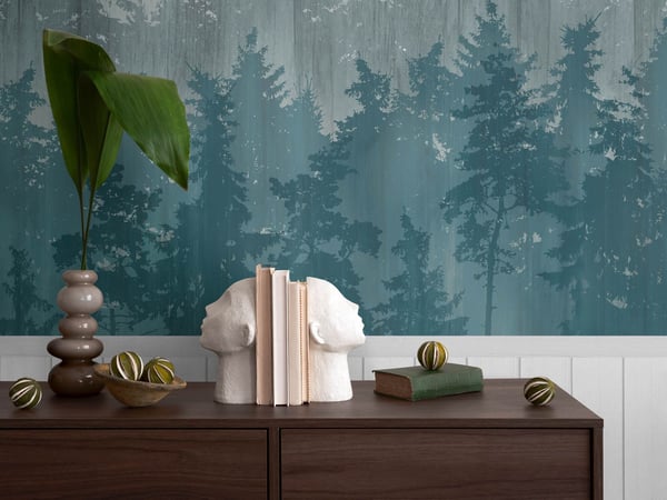 Foto tapet Profhome 398111-GU varmt stemplet ikke-vævet tapet lidt tekstureret skov mat blå  pastel turkis hvid grå 1,59 m x 2,8 m