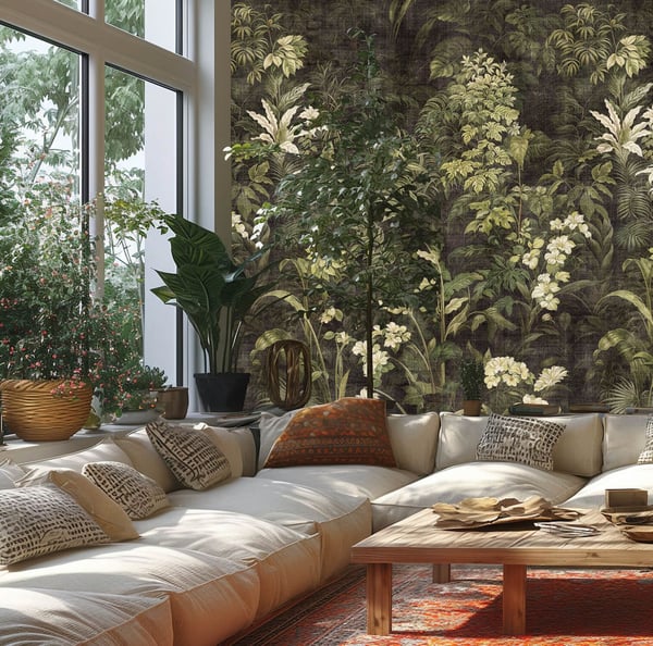 Foto tapet Profhome 790155-GU varmt stemplet ikke-vævet tapet lidt tekstureret blomstret mat grøn creme oliven grå patina grøn 1,59 m x 2,8 m