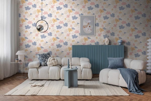 Blomstret tapet Profhome 791472-GU varmt stemplet ikke-vævet tapet lidt tekstureret blomster mat grå gul lyserød blå 5,33 m2