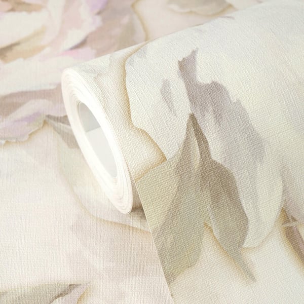 Blomstret tapet Profhome 791671-GU varmt stemplet ikke-vævet tapet lidt tekstureret blomster mat fløde lyserød lysegrøn beige 5,33 m2