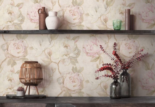 Blomstret tapet Profhome 791671-GU varmt stemplet ikke-vævet tapet lidt tekstureret blomster mat fløde lyserød lysegrøn beige 5,33 m2