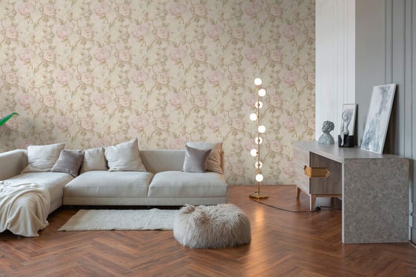 Blomstret tapet Profhome 791671-GU varmt stemplet ikke-vævet tapet lidt tekstureret blomster mat fløde lyserød lysegrøn beige 5,33 m2