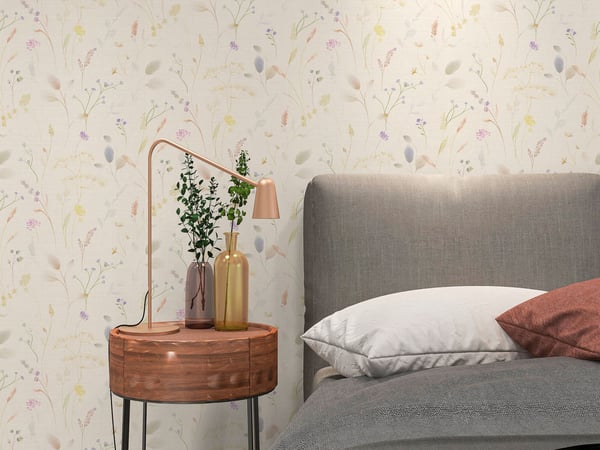 Provence stil Profhome 791701-GU varmt stemplet ikke-vævet tapet lidt tekstureret blomster mat hvid creme gulgrøn blålilla 5,33 m2