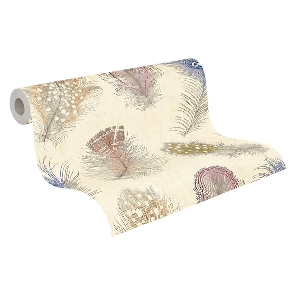Exklusiv lyx tapet Profhome 791866-GU heta präglade non-woven tapet lätt texturerad fjädermönster matt grädde blå röd brun gul 5,33 m2