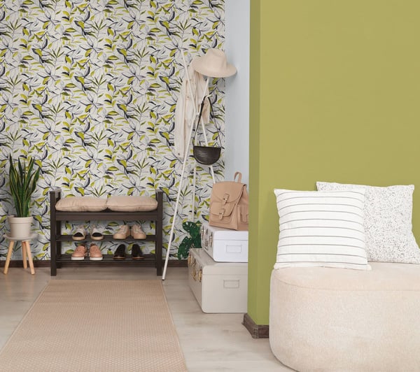 Grafisk tapet Profhome 791875-GU heta präglade non-woven tapet lätt texturerad blomster matt grädde oliv grön svart grädde 5,33 m2