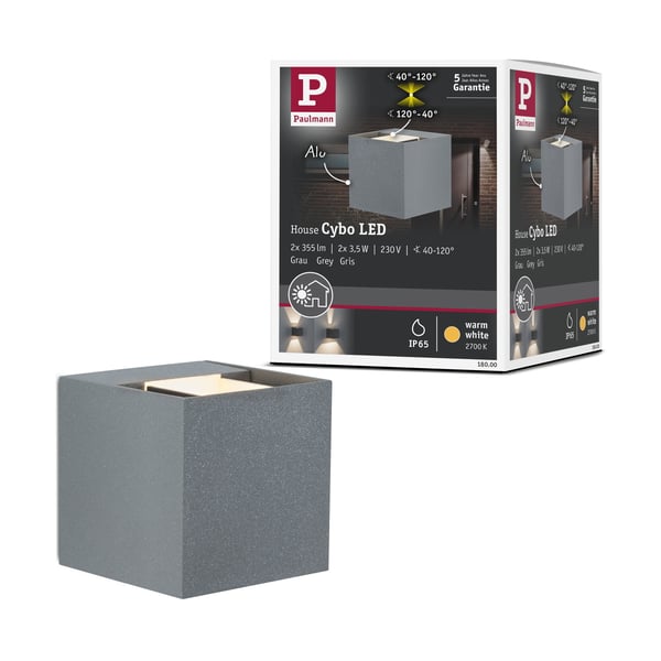 Paulmann LED vägglampa Cybo IP65 vinkelformad 80x80 mm 2700K 2x3,5W 2x213lm 230V 40-120° Grå Aluminium Paulmann LED vägglampa Cybo IP65 vinkelformad 80x80 mm 2700K 2x3,5W 2x213lm 230V 40-120° Grå Aluminium