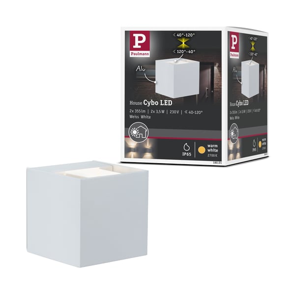 Paulmann LED vägglampa Cybo IP65 vinkelformad 80x80 mm 2700K 2x3,5W 2x213lm 230V 40-120° Vit Aluminium