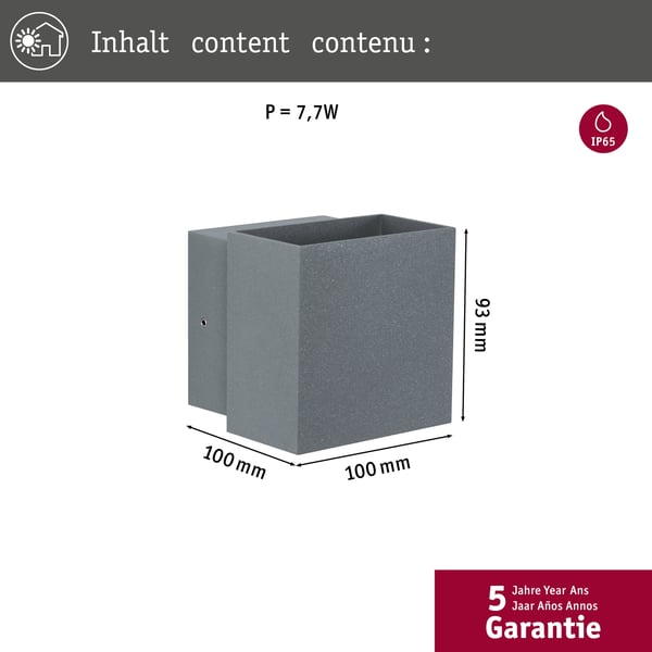 Paulmann LED vägglampa Cybo IP65 vinkelformad 100x100 mm 2700K 2x3,5W 2x200lm 230V 85° Grå Aluminium