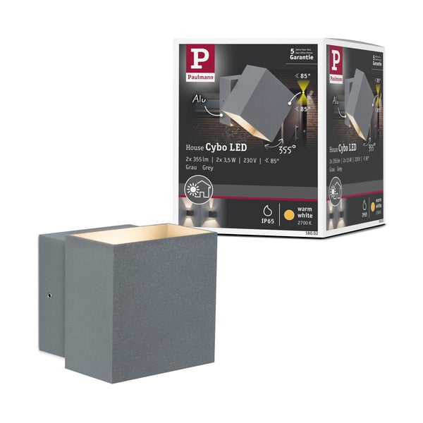 Paulmann LED vägglampa Cybo IP65 vinkelformad 100x100 mm 2700K 2x3,5W 2x200lm 230V 85° Grå Aluminium