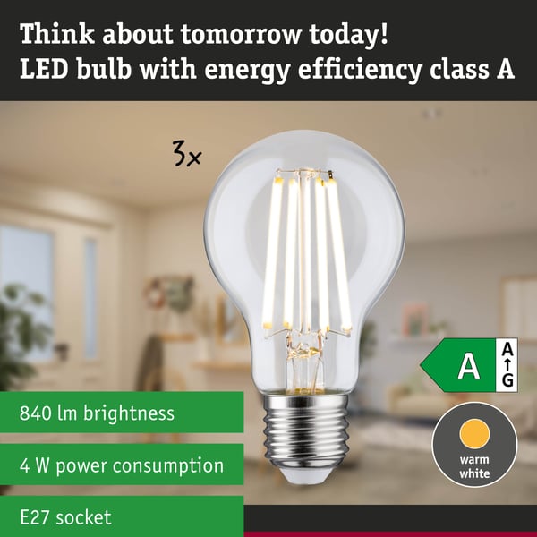 Paulmann Efficient-Line Filament 230V LED-glödlampa E27 Set om 3 3x840lm 3x4W 3000K Klar