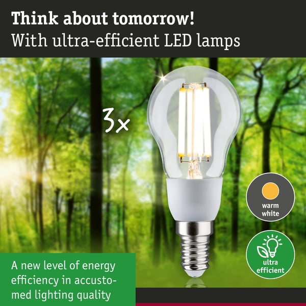 Paulmann Efficient-Line Filament 230V LED-droppe E14 Set om 3 100 mm 3x525lm 3x2,5W 3000K Klar