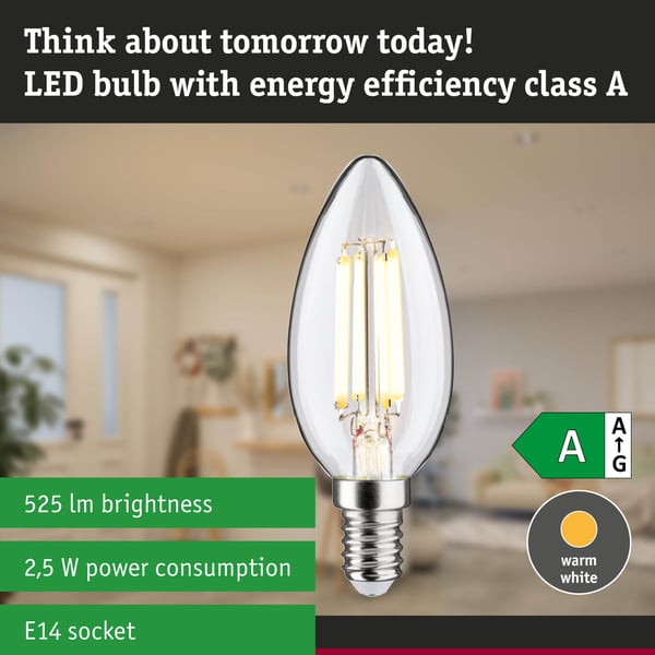 Paulmann Efficient-Line Filament 230V LED-stearinljus E14 525lm 2,5W 3000K Klar