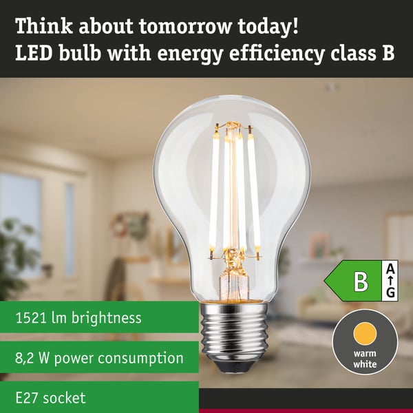 Paulmann Efficient-Line Filament 230V LED-glödlampa E27 Enkelt ljus 1521lm 8,2W 3000K dimbar Klar