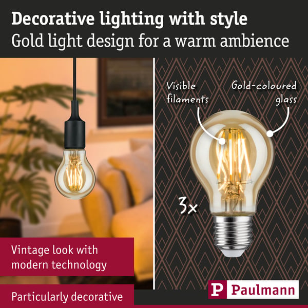 Paulmann Vintage Edition Standard 230V LED-glödlampa E27 3x500lm 3x4,7W 2500K Guld