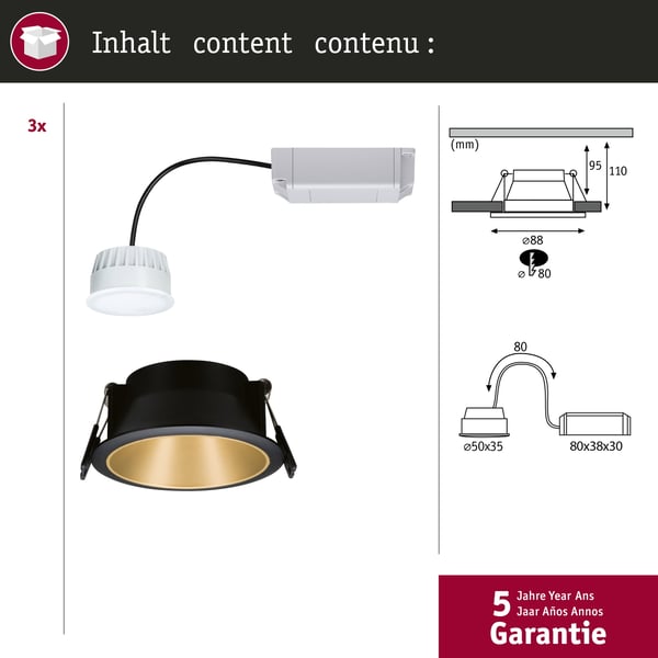 Paulmann Smart Home Zigbee Set Smart Home Zigbee 3.0 Inbyggd lampa Cole + Zigbee Coin IP44 rund 88 mm 3x6W 3x470lm 230V dimmbar 2700K Schwarz/Gold matt