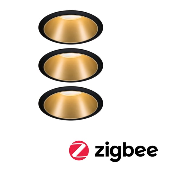 Paulmann Smart Home Zigbee Set Smart Home Zigbee 3.0 Inbyggd lampa Cole + Zigbee Coin IP44 rund 88 mm 3x6W 3x470lm 230V dimmbar 2700K Schwarz/Gold matt