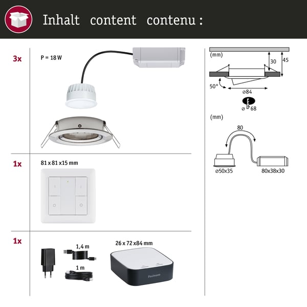 Paulmann Attraktivt prissatt startpaket Smart Home smik Gateway med väggbrytare + LED-infälld lampa Nova Plus Coin baspaket svängbar Tunable White