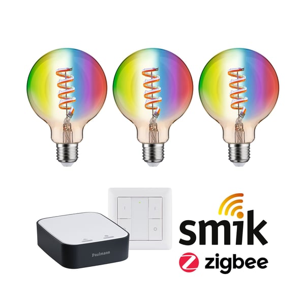 Paulmann Attraktivt prissatt startpaket Smart Home Zigbee 3.0 LED-glödlampa Filament G95 RGBW + Gateway + strömbrytare Paulmann Attraktivt prissatt startpaket Smart Home Zigbee 3.0 LED-glödlampa Filament G95 RGBW + Gateway + strömbrytare