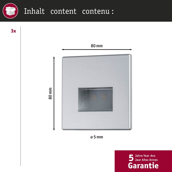 Paulmann Set LED infälld vägglampa Edge vinkelformad 80x80 mm 3x1,2W 3x50lm 230V 2700K Krom matt