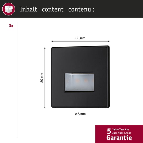 Paulmann Set LED infälld vägglampa Edge vinkelformad 80x80 mm 3x1,2W 3x50lm 230V 2700K Svart matt