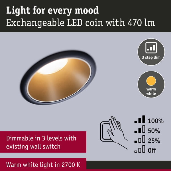 Paulmann Infälld LED lampa 3-Step-Dim Cole Coin IP44 rund 88 mm Coin 6x6W 6x470lm 230V dimbar 2700K Svart, Guld matt