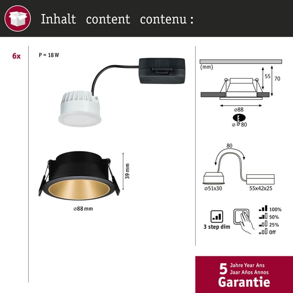 Paulmann Infälld LED lampa 3-Step-Dim Cole Coin IP44 rund 88 mm Coin 6x6W 6x470lm 230V dimbar 2700K Svart, Guld matt