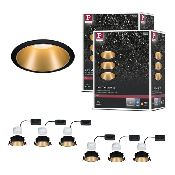 Paulmann Infälld LED lampa 3-Step-Dim Cole Coin IP44 rund 88 mm Coin 6x6W 6x470lm 230V dimbar 2700K Svart, Guld matt