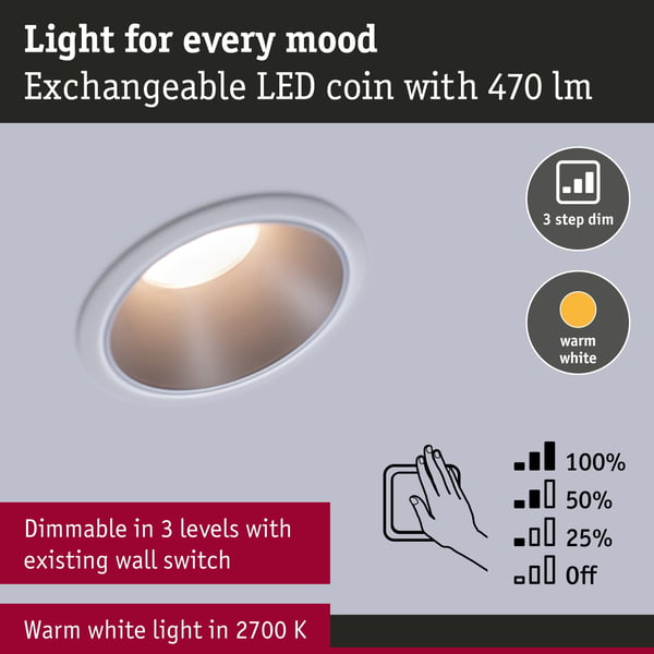 Paulmann Infälld LED lampa 3-Step-Dim Cole Coin IP44 rund 88 mm Coin 6x6W 6x470lm 230V dimbar 2700K Vit, Silver matt
