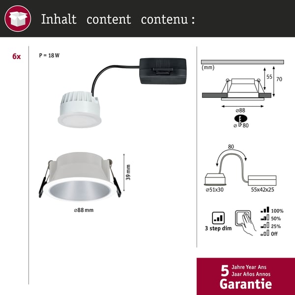 Paulmann Infälld LED lampa 3-Step-Dim Cole Coin IP44 rund 88 mm Coin 6x6W 6x470lm 230V dimbar 2700K Vit, Silver matt