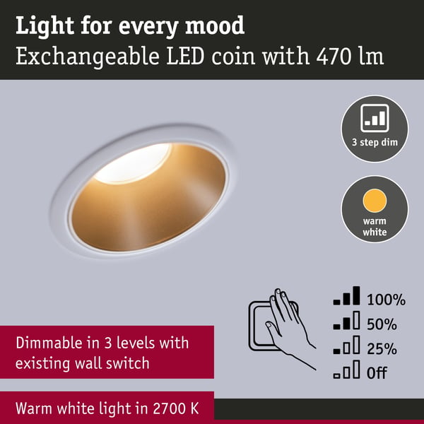 Paulmann Infälld LED lampa 3-Step-Dim Cole Coin IP44 rund 88 mm Coin 6x6W 6x460lm 230V dimbar 2700K Vit, Guld matt