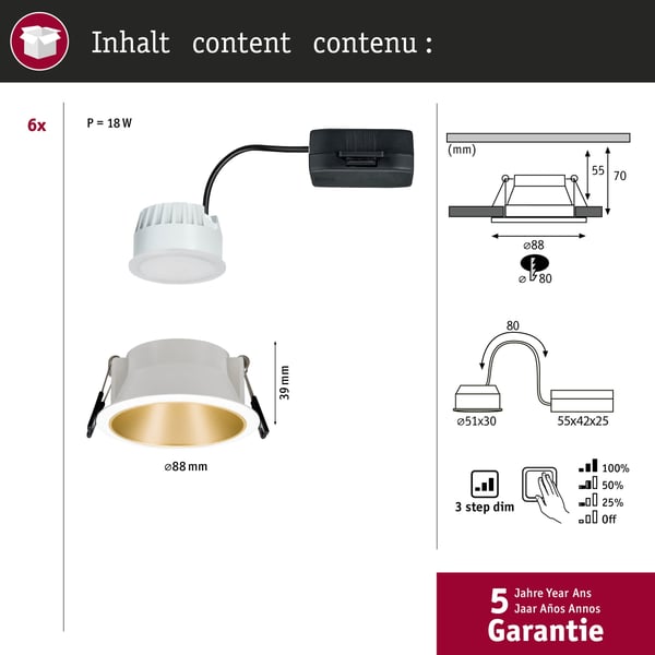 Paulmann Infälld LED lampa 3-Step-Dim Cole Coin IP44 rund 88 mm Coin 6x6W 6x460lm 230V dimbar 2700K Vit, Guld matt