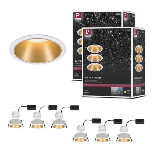 Paulmann Infälld LED lampa 3-Step-Dim Cole Coin IP44 rund 88 mm Coin 6x6W 6x460lm 230V dimbar 2700K Vit, Guld matt