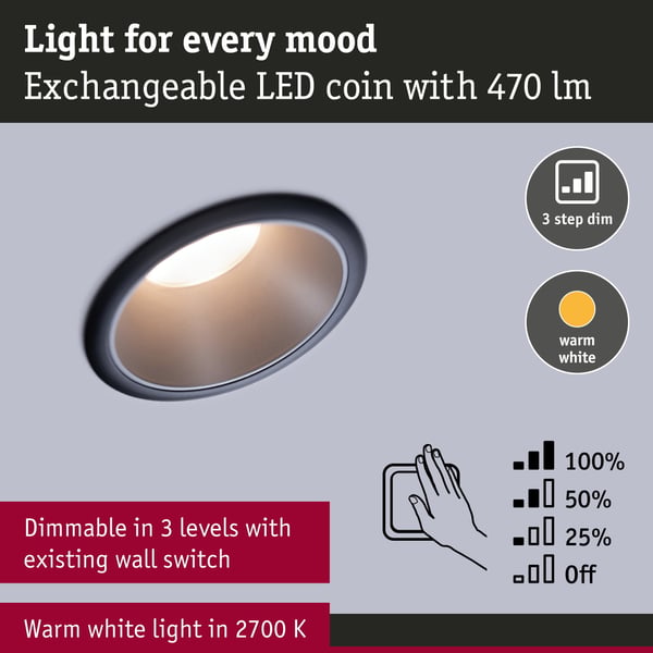 Paulmann Infälld LED lampa 3-Step-Dim Cole Coin IP44 rund 88 mm Coin 6x6W 6x470lm 230V dimbar 2700K Svart, Silver matt