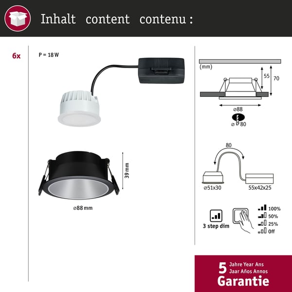 Paulmann Infälld LED lampa 3-Step-Dim Cole Coin IP44 rund 88 mm Coin 6x6W 6x470lm 230V dimbar 2700K Svart, Silver matt