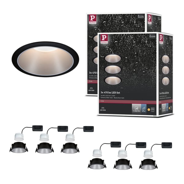 Paulmann Infälld LED lampa 3-Step-Dim Cole Coin IP44 rund 88 mm Coin 6x6W 6x470lm 230V dimbar 2700K Svart, Silver matt