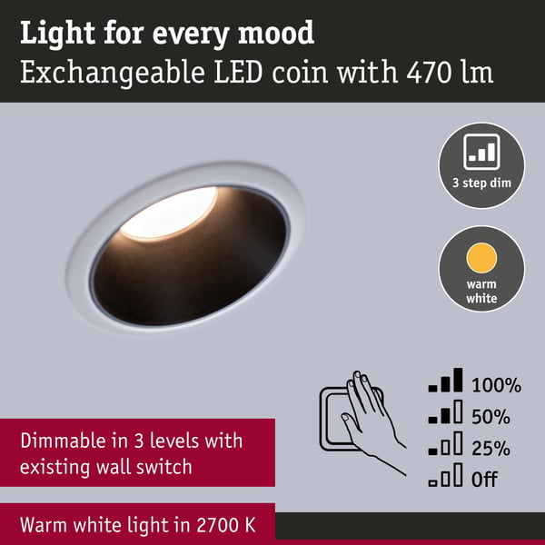 Paulmann Infälld LED lampa 3-Step-Dim Cole Coin IP44 rund 88 mm Coin 6x6W 6x470lm 230V dimbar 2700K Vit, Svart matt