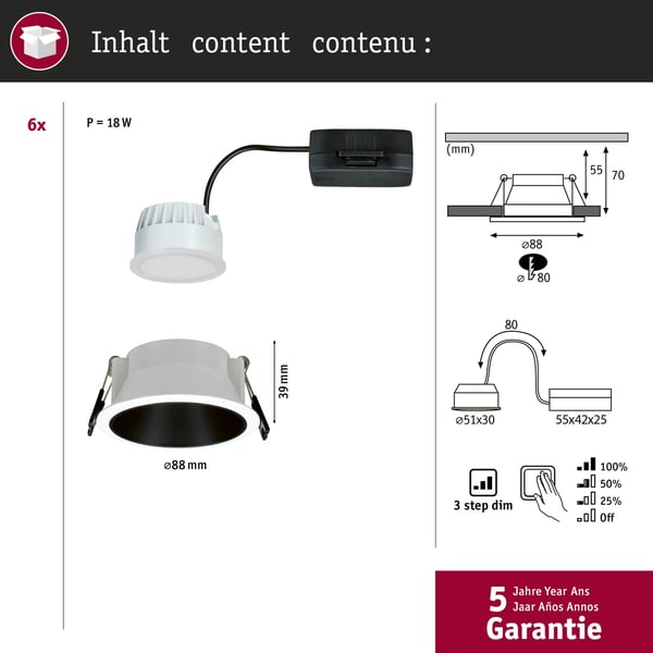Paulmann Infälld LED lampa 3-Step-Dim Cole Coin IP44 rund 88 mm Coin 6x6W 6x470lm 230V dimbar 2700K Vit, Svart matt