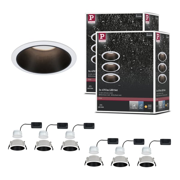 Paulmann Infälld LED lampa 3-Step-Dim Cole Coin IP44 rund 88 mm Coin 6x6W 6x470lm 230V dimbar 2700K Vit, Svart matt