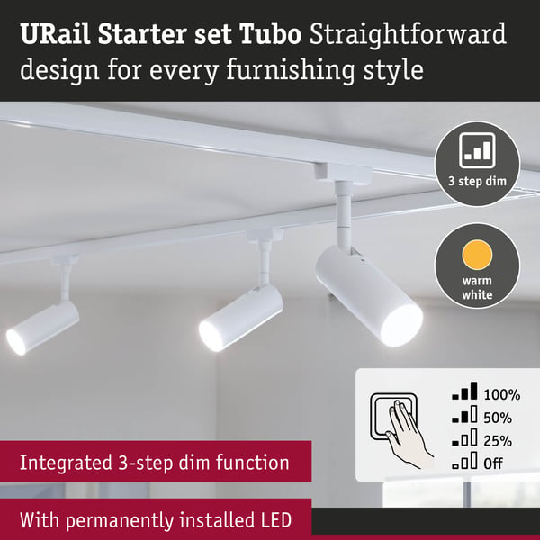 Paulmann URail Spotlight för strömskenor Tubo Startset 3x150lm 3x4W 3000K dimbar 230V Signal vit